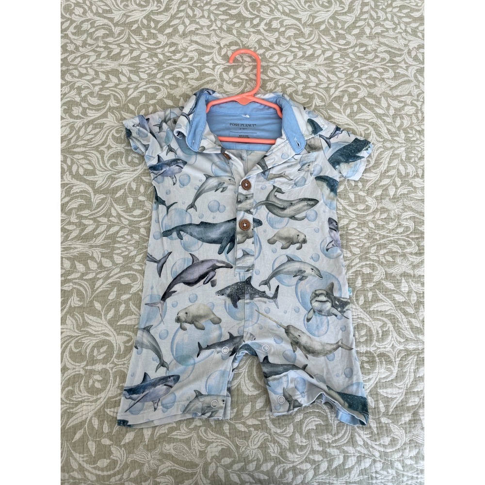 Posh Peanut Bodysuit  Unisex 6-9M Light Blue Shark Print  Bamboo Polo Romper